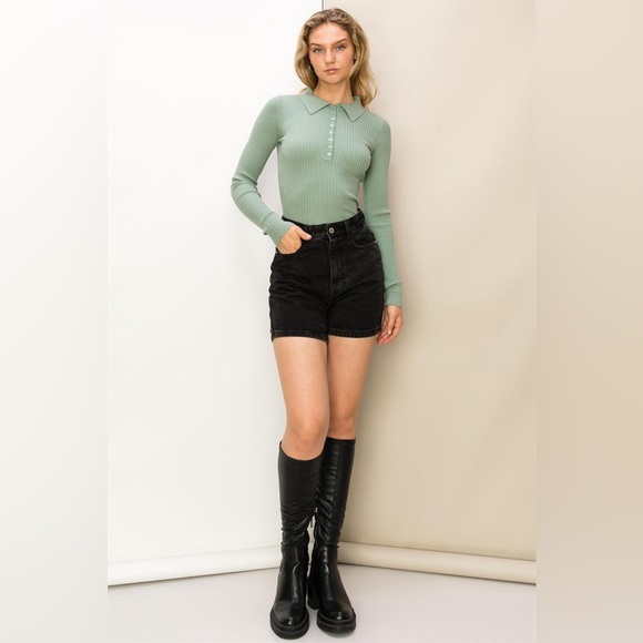 233B-SAGE. Ribbed Collared Button Front Long Sleeve Top - Picture 2 of 5